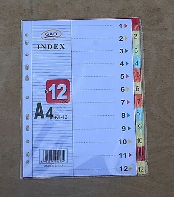 NEW 1-12 Index File Divider A4 Document 12 Multi Coloured Card Sheet Punched UK  • £2.91