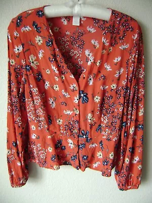 H&m Women's Red Floral Blouse 10 ( M ) V-neck  Button Up Peplum Top Long Sleeve • $7.99