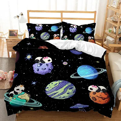 $49.98 • Buy Cartoon Panda Space Planet Duvet Quilt Cover Queen Bedding Set Pillowcase