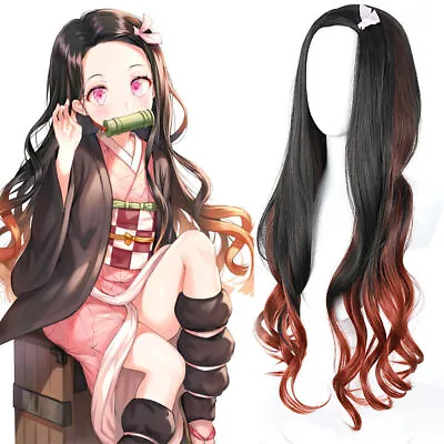 Halloween Kamado Nezuko Demon Slayer Wig Japanese Anime Cosplay Long Curly Hair • £21.09