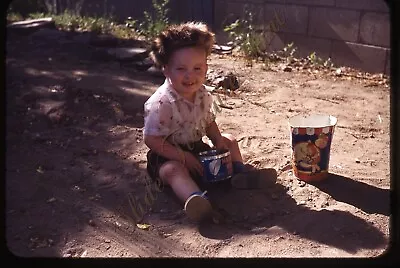 Boy Playing In Dirt Raccoon Skin Hat 1950s 35mm Slide Red Border Kodachrome • $14.99