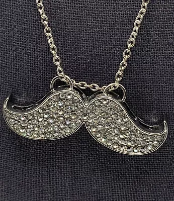 Adorable Silver Tone Rhinestone Mustache Necklace Bling Silly Funny Trendy • $12.86