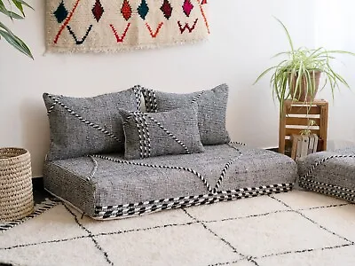 Moroccan Handmade Floor Couch - Unstuffed Cotton Grey Sofa Covers + Pillow Cases • $474.64