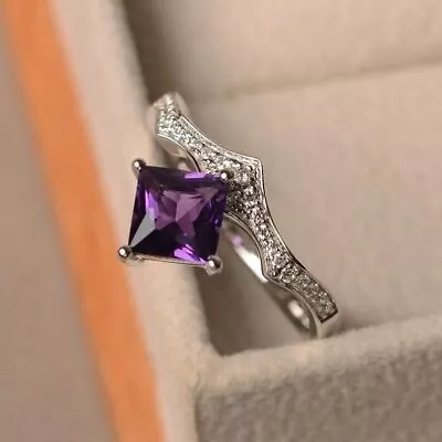 2CT Princess Cut Lab Created Amethyst Women's Wedding Ring 14K White Gold Plated • £73.22