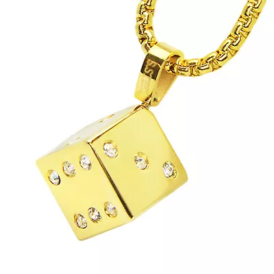 Men’s Stainless Steel Gold Plated 3D Dice Pendant 3 Mm Box Chain 24  SCP 173 G • $13.99