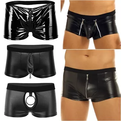 Men PVC Leather Zipper Crotch Boxer Shorts Underwear Wet Look Hot Pants Trunks • $9.38