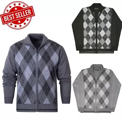 Men's Argyle Zip-Up Stand Collar Jumper With Long Sleeves Cardigan Top (L1901). • £11.95