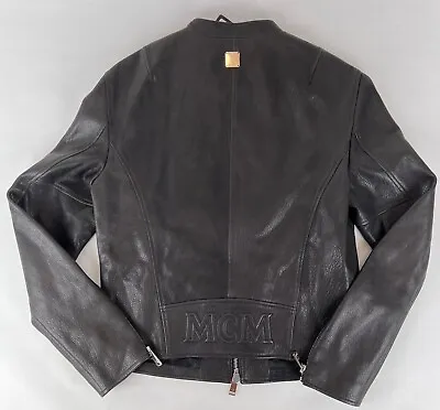$1950 MCM Mens Black Leather Zip Up Bomber Jacket W/Plaque And Logo MHJASMV07BT0 • $425