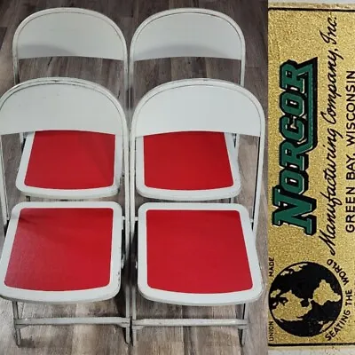 Vintage Norcor Metal Folding Chairs Gray Red Seating Set Of 4 Green Bay Wisc • $99.95