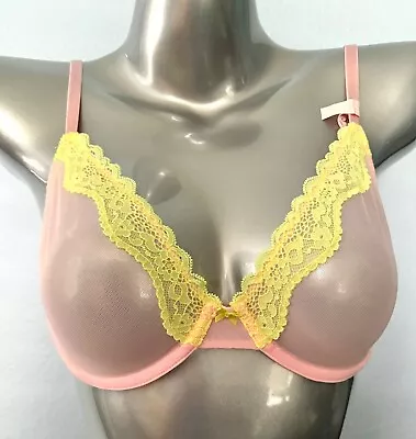 Victorias Secret Nwt Pink Sheer Mesh & Yellow Lace Unlined Underwire Demi Bra • $24.99