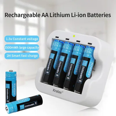 Kratax 1.5V AA Lithium Rechargeable Batteries 3500mWh AA Li-Ion Battery Charger • £28.98