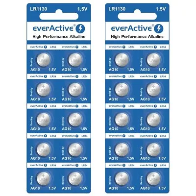 20 X EverActive LR54 Alkaline Watch Batteries 1.5V - 189 LR1130 AG10 L1130 389 • £3.48