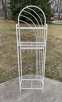 Vintage Bathroom White Metal Shelf Stand Rack W/ Towel Hooks Plant Stand Retro • $149