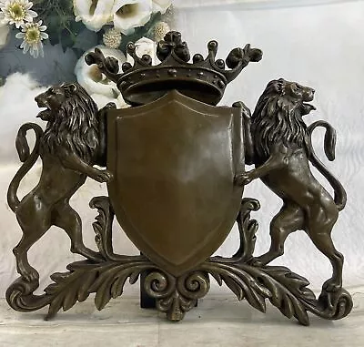 Coat Of Arms Family Crest Lions Crown Bronze Wall Mounted Hanging Sculpture 13  • $199.50