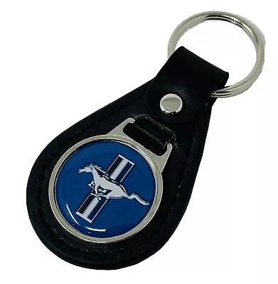 NEW Genuine Black Leather Ford Mustang Blue Tri-Bar Pony Emblem Logo Keychain • $13.99