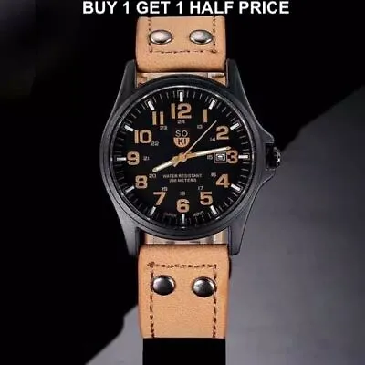 Men's Military Wrist Watches Quartz Date Analog Leather Army Casual Dress UK NEW • £4.99