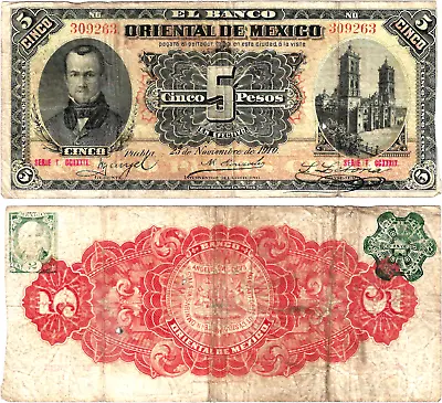 Mexico 5 Pesos Banco Oriental De Mexico 11-23-1910Series TS/N 309263S-381c • $45