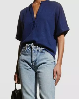 $270 Majestic Filatures Women's Blue V-Neck Elbow-Sleeve Linen Top Size 5 • $86.78