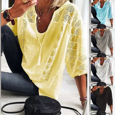 Womens Casual 3/4 Sleeve U Neck Blouse Tee Ladies Cotton Linen Lace Tops T-Shirt • $19.59