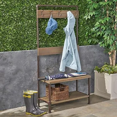 $193.40 • Buy Dahl Outdoor Industrial Acacia And Iron Bench With Shelf And Coat Hooks