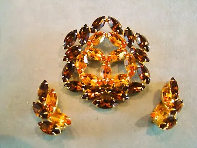 Stunning Vintage B DAVID Amber And Brown Rhinestone Pin Brooch & Earrings Set • $39.99