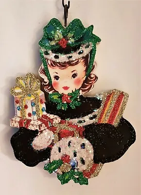 LITTLE GIRL W ARMS FULL OF WRAPPED GIFTS  * Glitter CHRISTMAS ORNAMENT * Vtg Img • $10.50