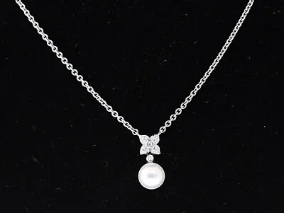 MIKIMOTO 18k White Gold 7.5mm Pearl & Diamond Flower Cable Chain Necklace  • $1090