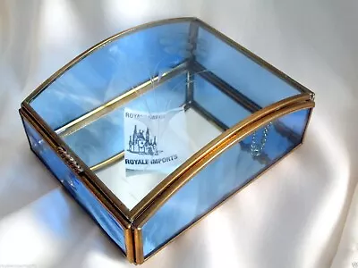 Trinket Box Brass Glass Clear Blue Etched Floral Hinged Via Vermont Enesco  • $18.90