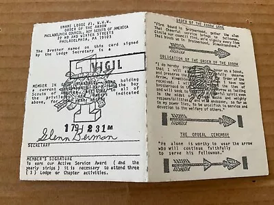 Unami Lodge 1979 Vigil Honor Membership Dues Card • $6.95