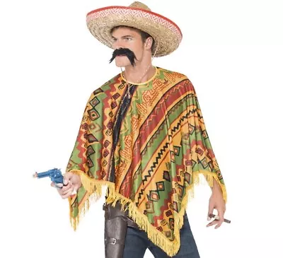 Adult Mexican Fancy Dress Poncho & Tash Set Mexico Theme By Smiffys • £17.99