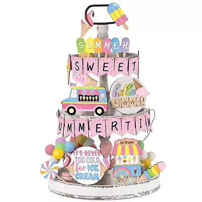 26 Pcs Summer Tiered Tray Decor Ice Cream Wooden Signs Color Summer Table Dec... • $26.47