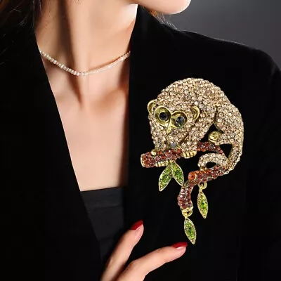 Animal Monkey Brown Rhinestone Crystal Gold-tone Brooch Pin • $7.19