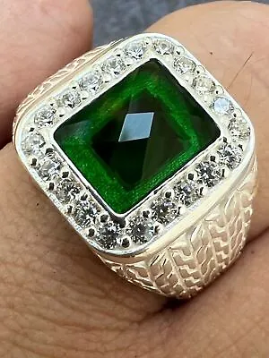 Men's Real 925 Sterling Silver Iced Green Stone CZ Hip Hop Big Rectangle Ring • $47.23