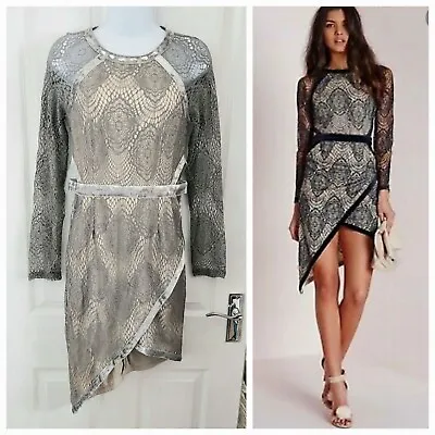 MISSGUIDED GREY BEIGE Size 10 Embellished Cut Out Lace Velvet Dress Occasion • £14.99