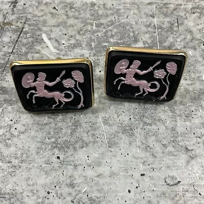 Vintage Incolay Stone Greek Mythology Centaur Cufflinks Black And Pink • $66