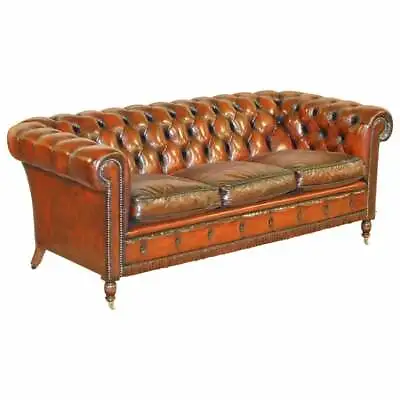 Restored Vintage Oxblood Bordeaux Leather Chesterfield Club Sofa On Turned Legs • $9960.80