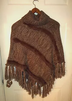 Simonetta Brown Turtleneck Knitted Poncho W/Real Rabbit Fur Trim Tassel Fringe • $49.99