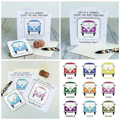 Personalised VW Campervan Coaster Card - Wedding Day Congratulations Gift • £6.85