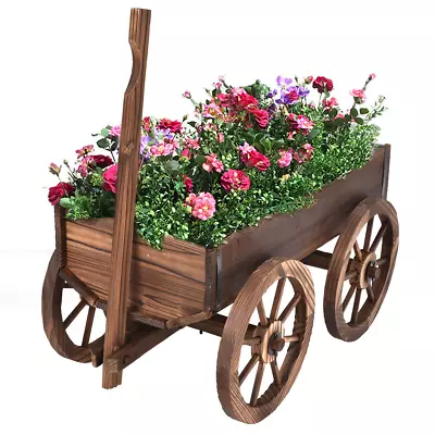 Wood Wagon Flower Planter Pot Stand W/ Wheels Home Garden Working Outdoor Decor • $88.96