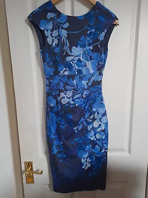 Karen Millen Navy & Blue Floral Pencil Dress Sz 8 Party Wedding Retro • £9