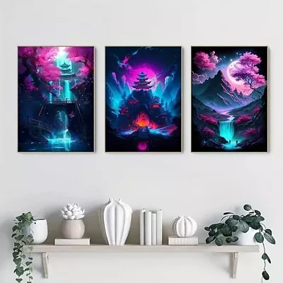 3pcs Japanese Nature Landscape Neon Wall Art Posters Cherry Blossom Canvas Print • £15