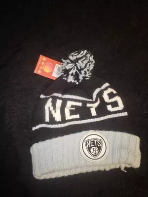 Brooklyn Nets Men Beanie Hat One Size Black Gray Pom Pom Knit Mitchell & Ness • $14.40