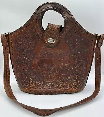 Vtg Womens Brown Tooled Leather Shoulder Bag Purse Laced Trim Top Handle & Strap • $38.24