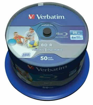 £37.99 • Buy 50  Verbatim Blu Ray 43812  25GB 6x Speed Printable Spindle Blank BD-R Discs