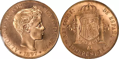 Spain 1897-SG V Alfonso XIII Gold 100 Pesetas Restrike PCGS MS-65 Mintage: 6000 • $4500