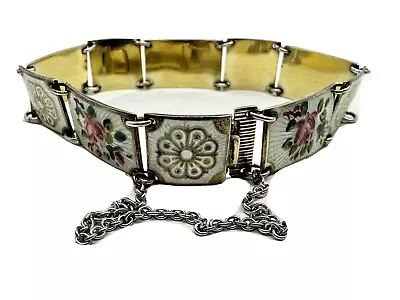 Vintage David Anderson Norway Sterling Enamel Rose Flower Bracelet White Panel • $169.95