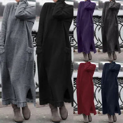 UK 8-24 Women Casual Loose Long Sleeve O Neck Sweatshirt Kaftan Abaya Maxi Dress • £21.33