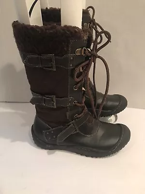 J -41 JEEP MOUNTAINEER Vegan Moto Sporty Lace Up Faux Fur Trim Tall Boots Size 6 • $31.96