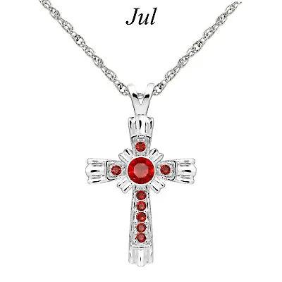 $13.99 • Buy Forever Silver Austrian Crystal Birthstone Cross Necklace 15 - 18  Adj Chain JUL