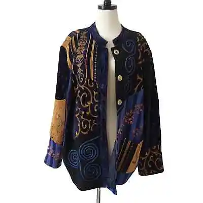 Vintage Indigo Moon Jacket Womens 2X Coat Blue Yellow Jacket Embroidered Wool • $44.99